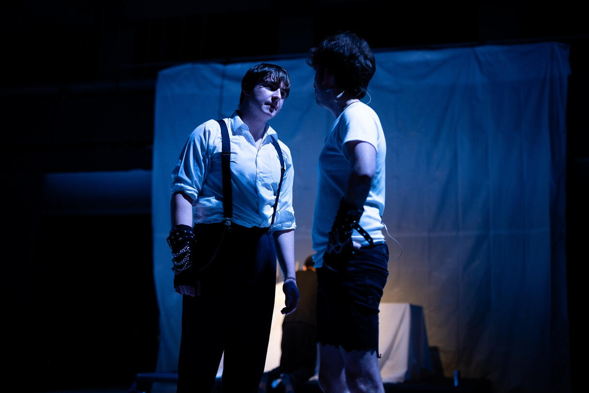 Cameron Spruce (left) and Paul Tomlinson (right) as Mephistopheles and Faustus