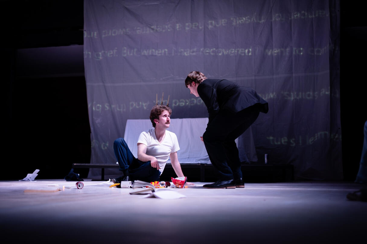 Paul Tomlinson (left) and Cameron Spruce (right) as Faustus and Mephistopheles